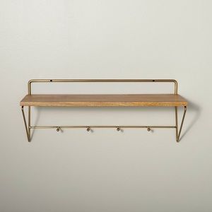 HEARTH & HAND 24" Wood & Brass Wall Shelf with Hooks, NWT